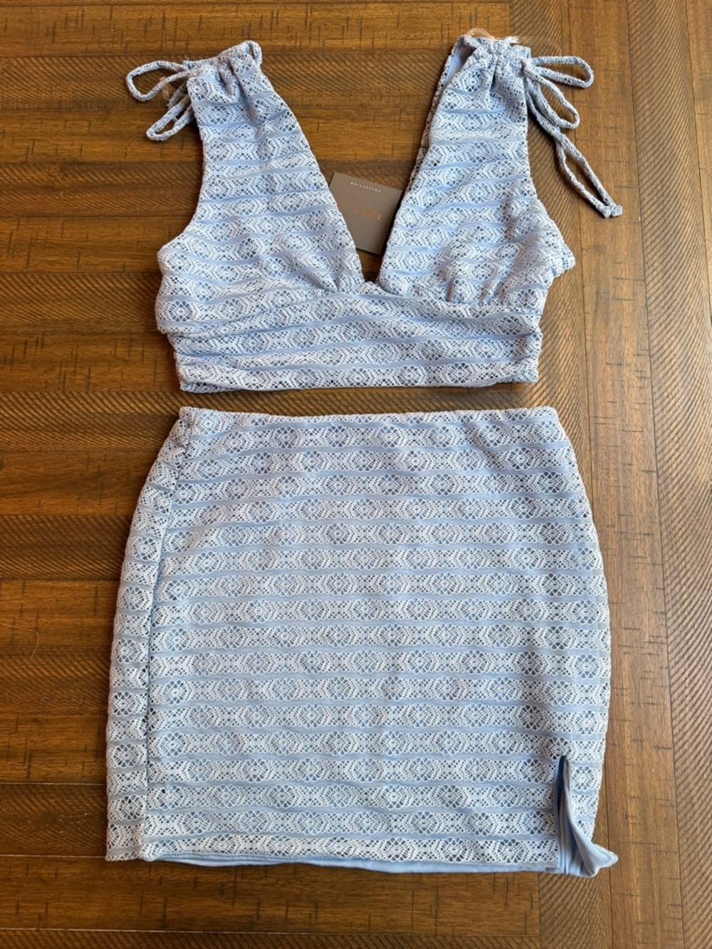 NWT Le Lis Baby Blue Lace Two Piece Set Tie Strap Crop Top Skirt Coquette Size M